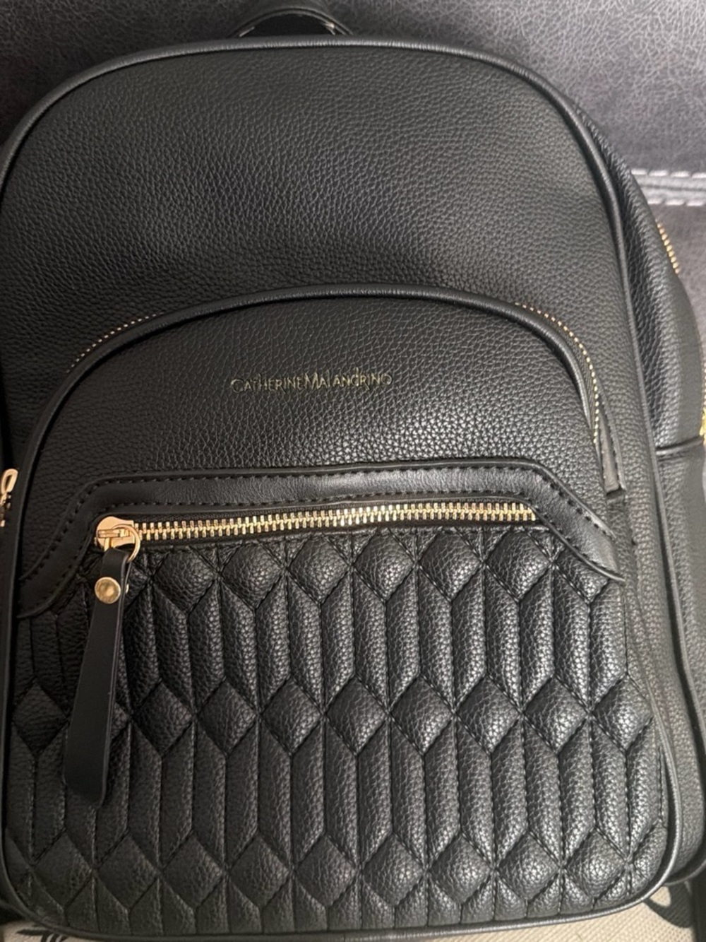 Catherine Malandrino Black Quilted Leather Backpack with Gold Hardware
